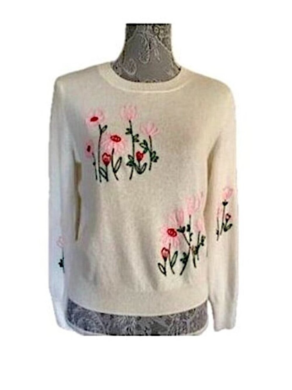 Cynthia Rowley 100% Cashmere Sweater Embroidered Florals on Cream Womens XL NEW